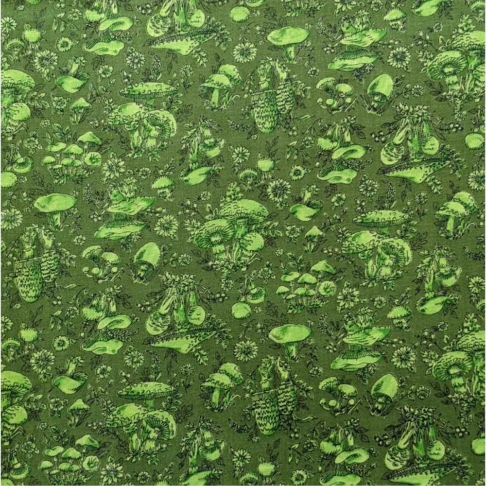 Vintage 1970's Mushroom Fabric Avocado Green Cottagecore Funky Calico Print‎ 3yd